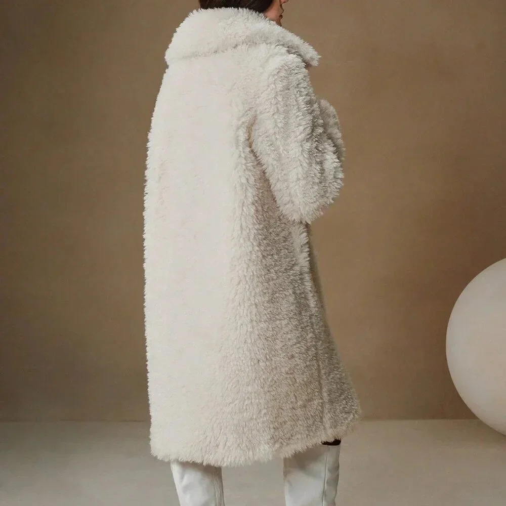 Beige Casual Women's Fluffy Faux Fur Long Classic Versatile Coat - Picture 4 of 5